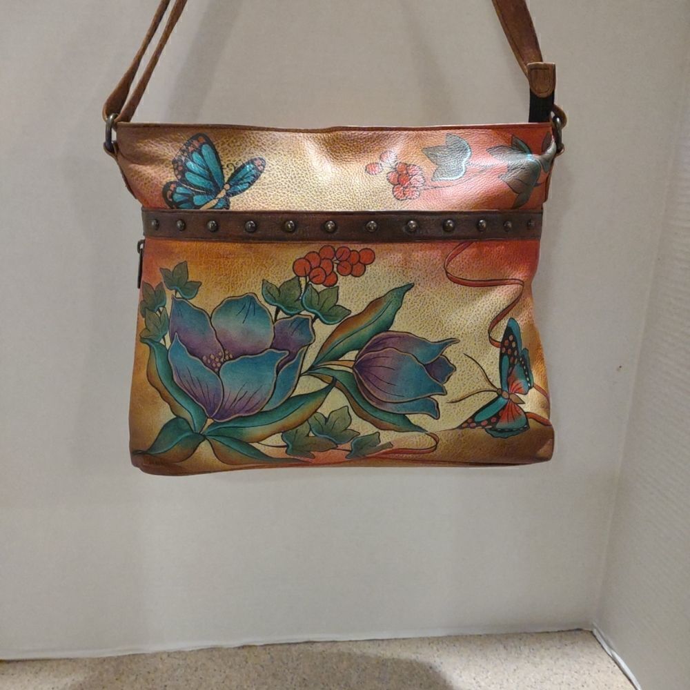 Anuschka Purse Tan Brown Teal Floral NWOT